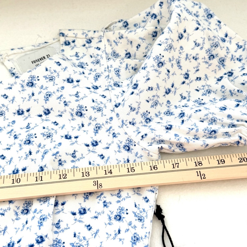 NWT Forever 21 Mini Dress Blue White Floral Puff Sleeve Open Back Cottagecore M - Picture 9 of 13
